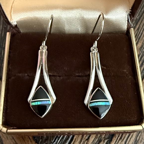 Kenneth Bitsie Jewelry - Kenneth Bitsie Navajo Sterling Silver Onyx & Opal Inlay Dangle Earrings